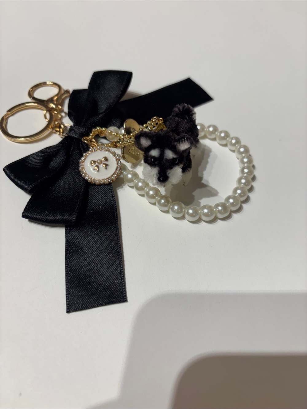 Elegant Black Bow & Pearl Schnauzer Charm Keychain
